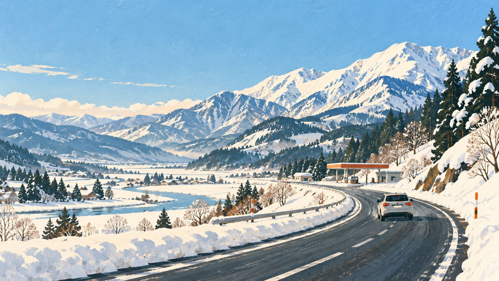 雪山と道路が続く日本の雪国を描いた編集イラスト